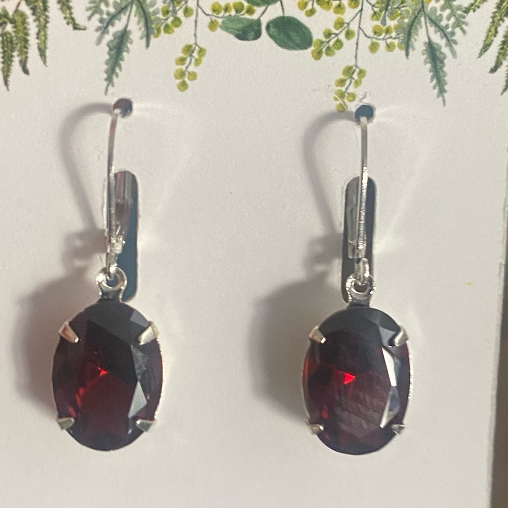Silver Leverback Earrings with Deep Red Oval Stones